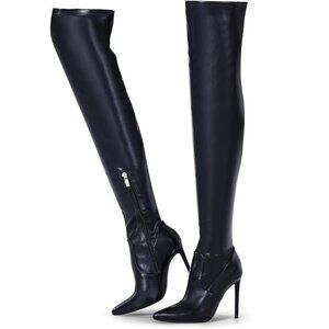 Elisabet Tang Black Matte Thigh High PU Leather Boots 4.3" Stilettos 7 NEW!